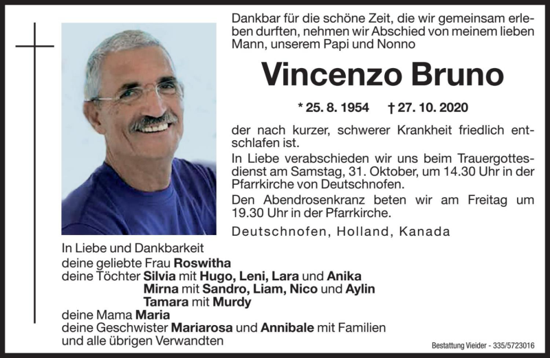  Traueranzeige für Vincenzo Bruno vom 29.10.2020 aus Dolomiten