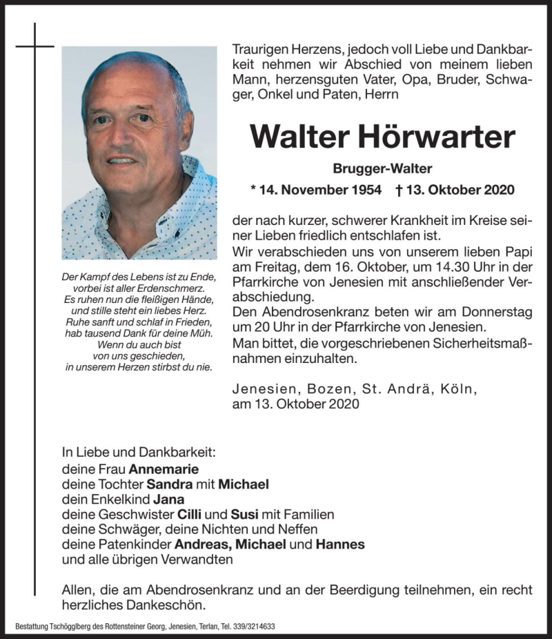  Traueranzeige für Walter Hörwarter vom 15.10.2020 aus Dolomiten
