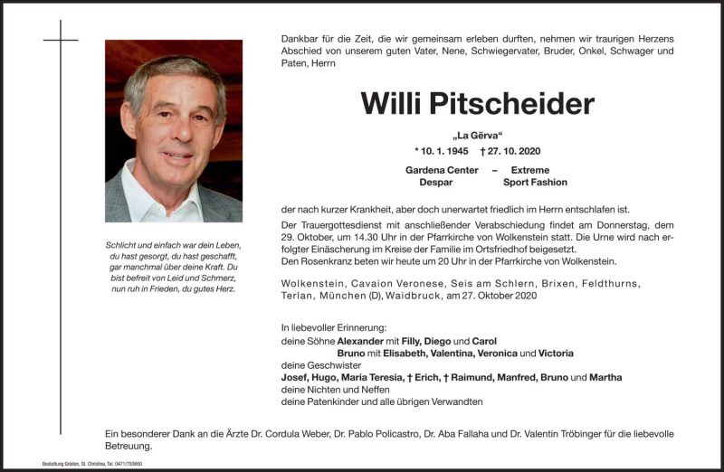  Traueranzeige für Willi Pitscheider vom 28.10.2020 aus Dolomiten