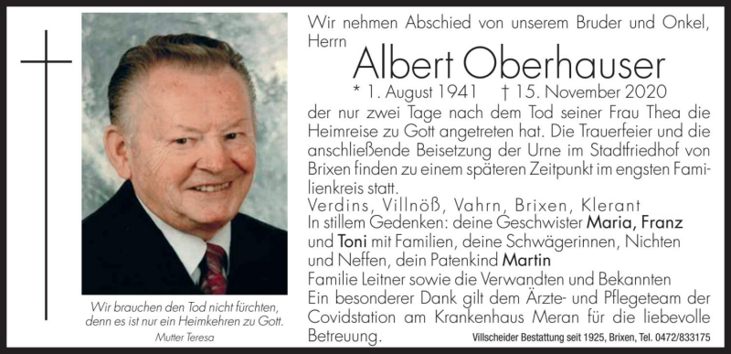  Traueranzeige für Albert Oberhauser vom 27.11.2020 aus Dolomiten