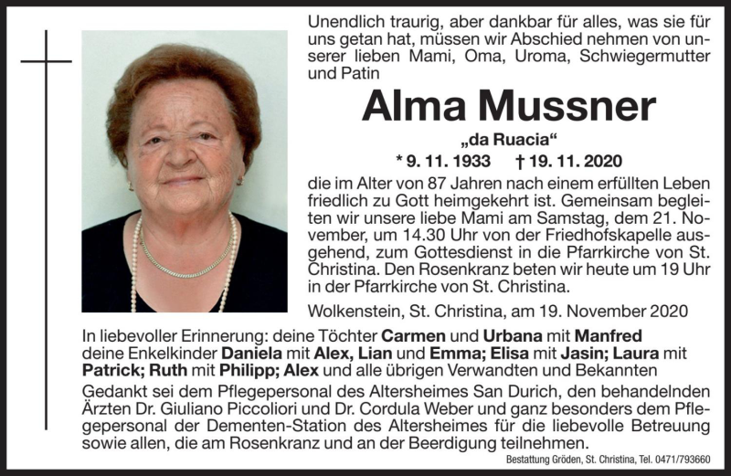  Traueranzeige für Alma Mussner vom 20.11.2020 aus Dolomiten