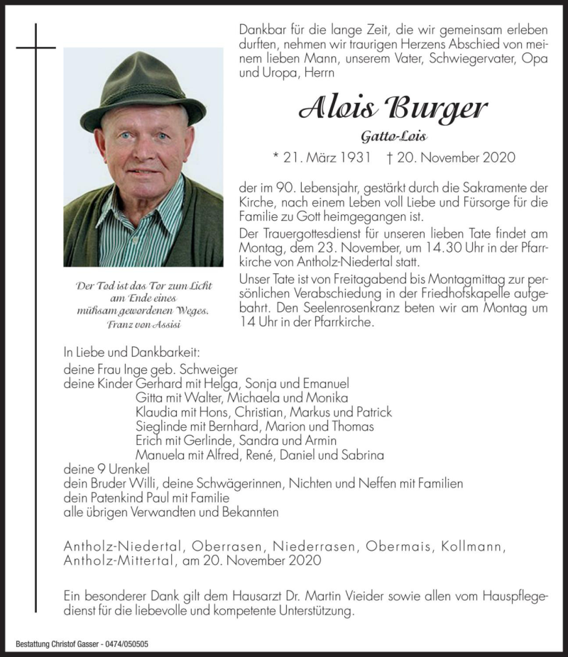  Traueranzeige für Alois Burger vom 21.11.2020 aus Dolomiten