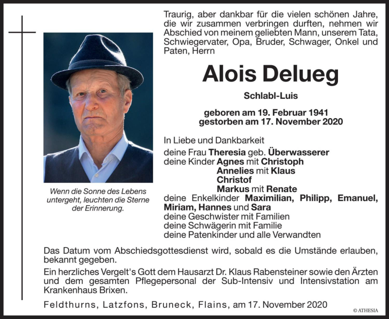  Traueranzeige für Alois Delueg vom 20.11.2020 aus Dolomiten