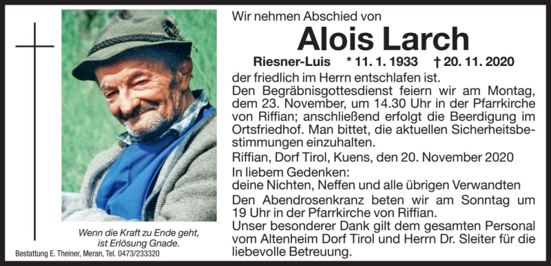  Traueranzeige für Alois Larch vom 21.11.2020 aus Dolomiten