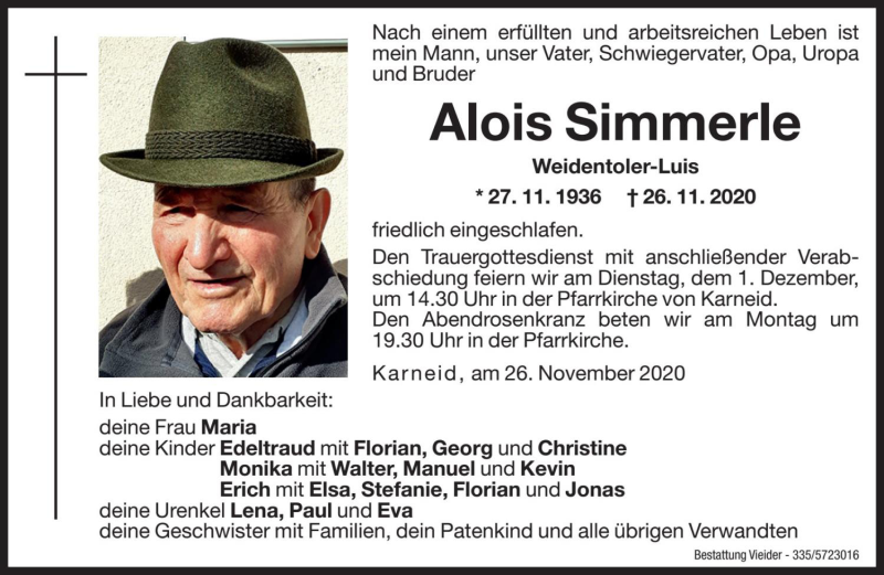  Traueranzeige für Alois Simmerle vom 28.11.2020 aus Dolomiten