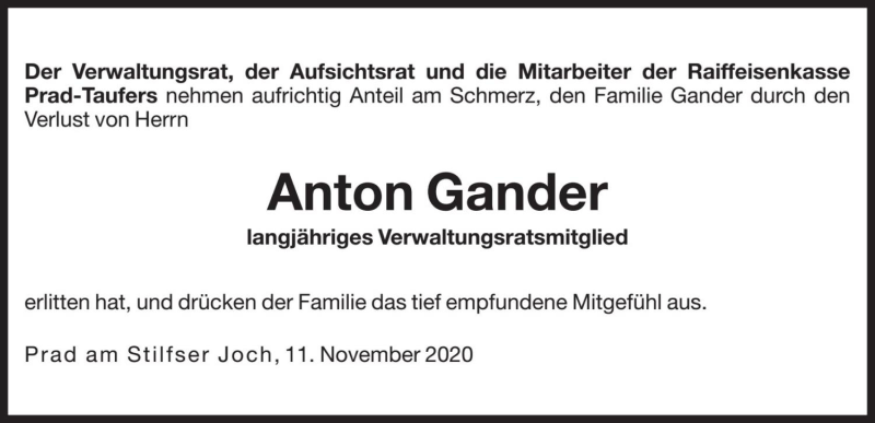  Traueranzeige für Anton Gander vom 21.11.2020 aus Dolomiten