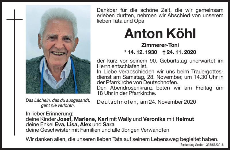  Traueranzeige für Anton Köhl vom 26.11.2020 aus Dolomiten