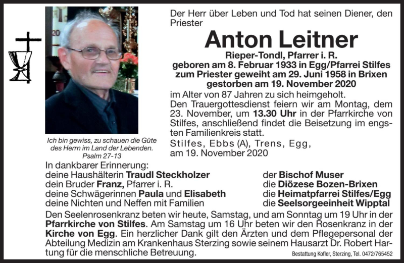  Traueranzeige für Anton Leitner vom 21.11.2020 aus Dolomiten