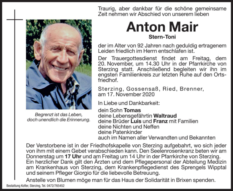  Traueranzeige für Anton Mair vom 19.11.2020 aus Dolomiten