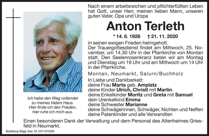  Traueranzeige für Anton Terleth vom 23.11.2020 aus Dolomiten