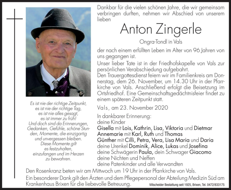  Traueranzeige für Anton Zingerle vom 25.11.2020 aus Dolomiten