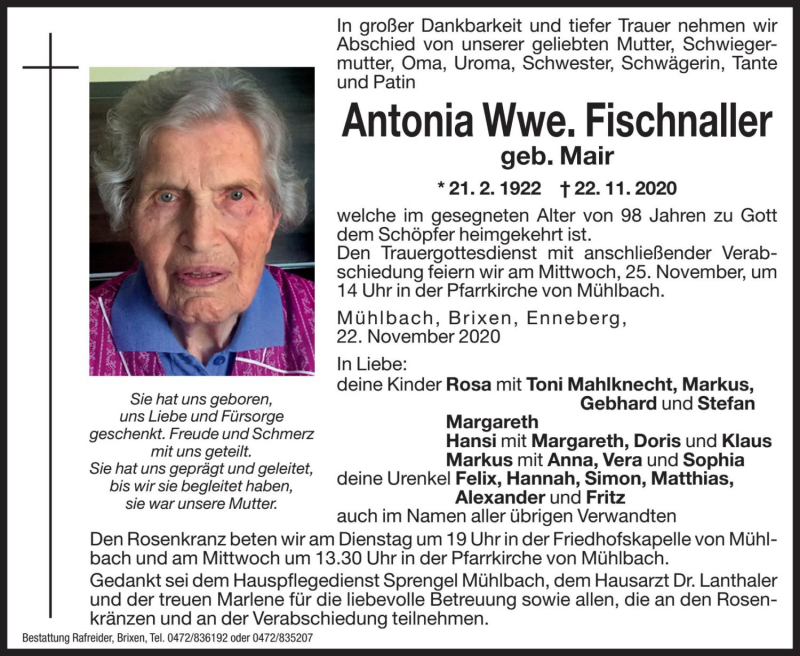  Traueranzeige für Antonia Fischnaller vom 24.11.2020 aus Dolomiten