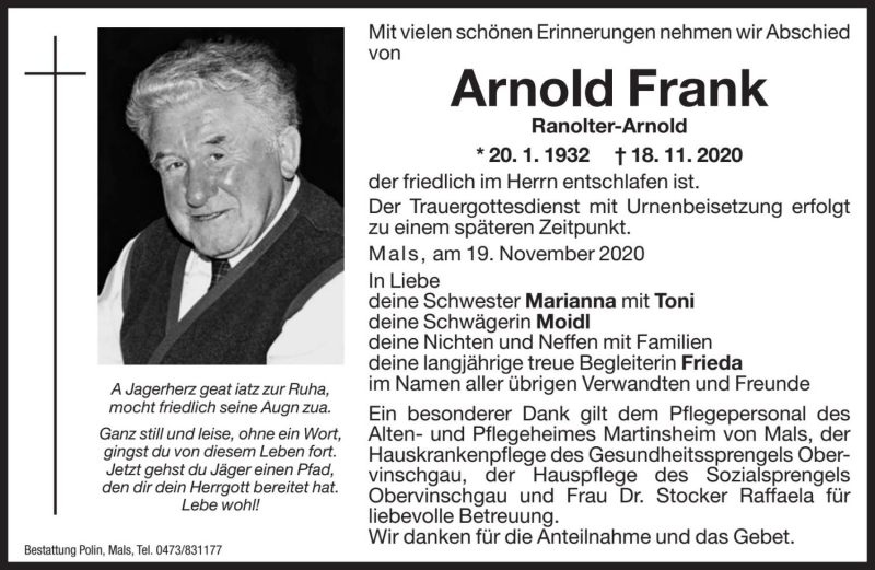  Traueranzeige für Arnold Frank vom 21.11.2020 aus Dolomiten