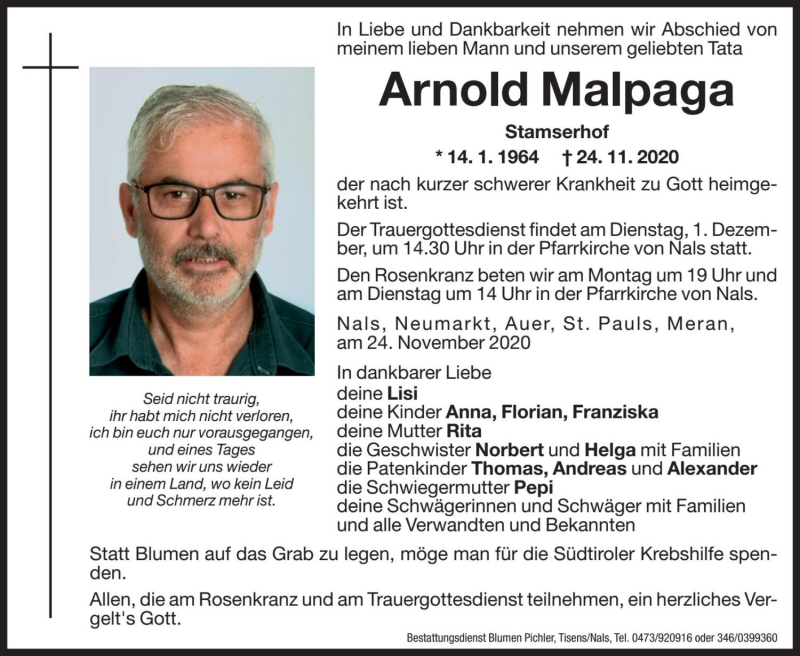  Traueranzeige für Arnold Malpaga vom 27.11.2020 aus Dolomiten