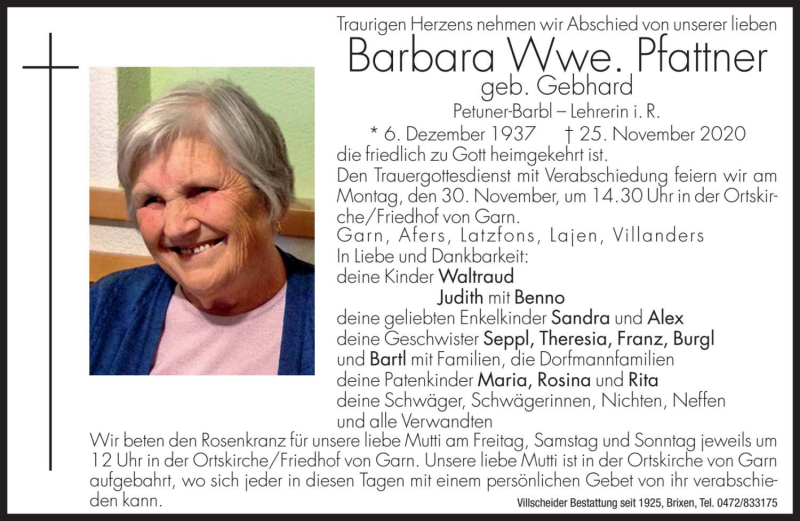  Traueranzeige für Barbara Pfattner vom 27.11.2020 aus Dolomiten
