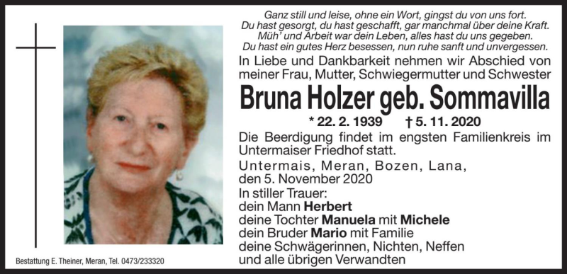  Traueranzeige für Bruna Holzer vom 20.11.2020 aus Dolomiten