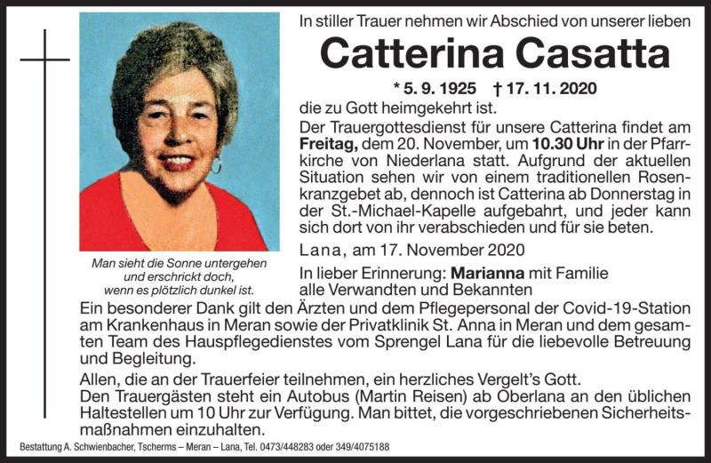  Traueranzeige für Catterina Casatta vom 19.11.2020 aus Dolomiten