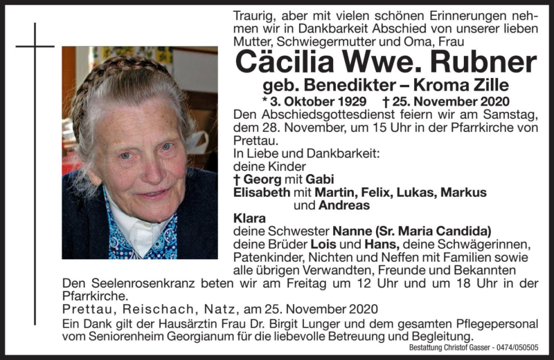  Traueranzeige für Cäcilia Rubner vom 27.11.2020 aus Dolomiten