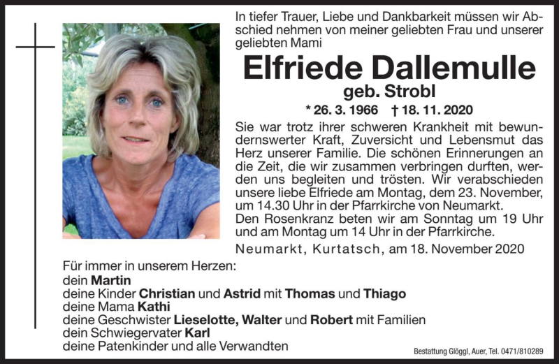  Traueranzeige für Elfriede Dallemulle vom 19.11.2020 aus Dolomiten