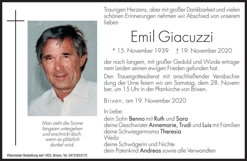  Traueranzeige für Emil Giacuzzi vom 27.11.2020 aus Dolomiten