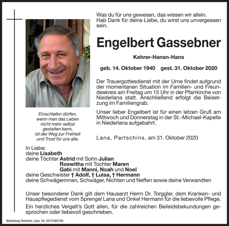  Traueranzeige für Engelbert Gassebner vom 25.11.2020 aus Dolomiten