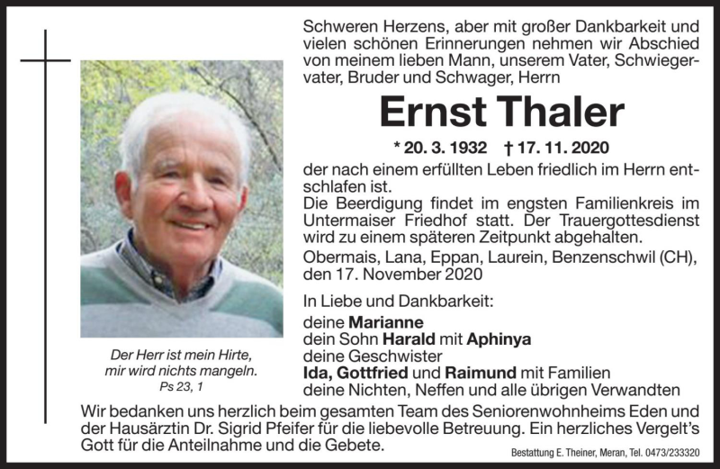  Traueranzeige für Ernst Thaler vom 20.11.2020 aus Dolomiten