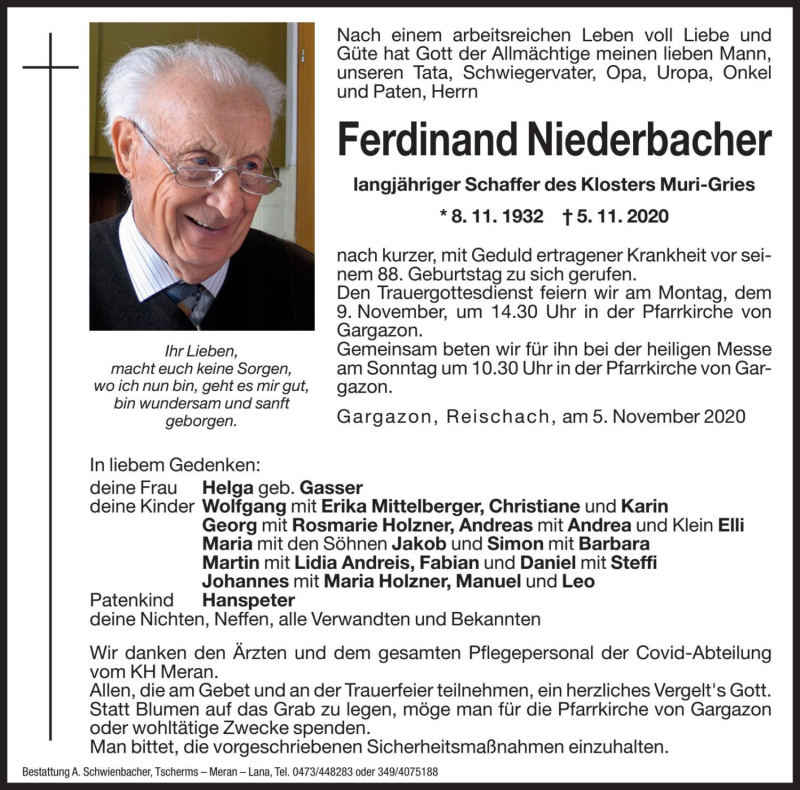  Traueranzeige für Ferdinand Niederbacher vom 06.11.2020 aus Dolomiten
