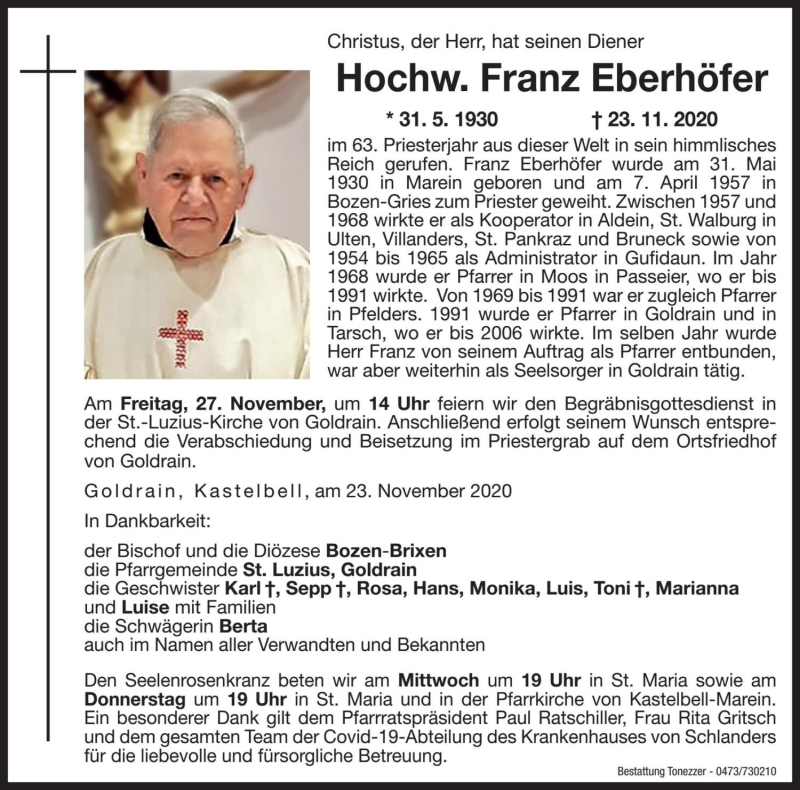  Traueranzeige für Franz Eberhöfer vom 25.11.2020 aus Dolomiten