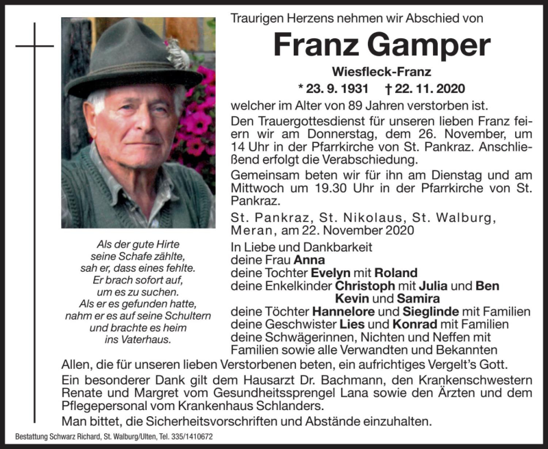  Traueranzeige für Franz Gamper vom 24.11.2020 aus Dolomiten
