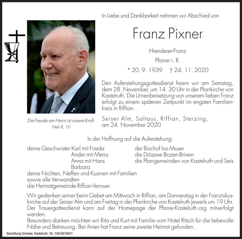  Traueranzeige für Franz Pixner vom 25.11.2020 aus Dolomiten