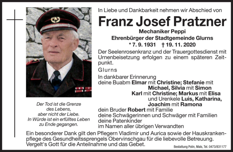  Traueranzeige für Franz Josef Pratzner vom 21.11.2020 aus Dolomiten