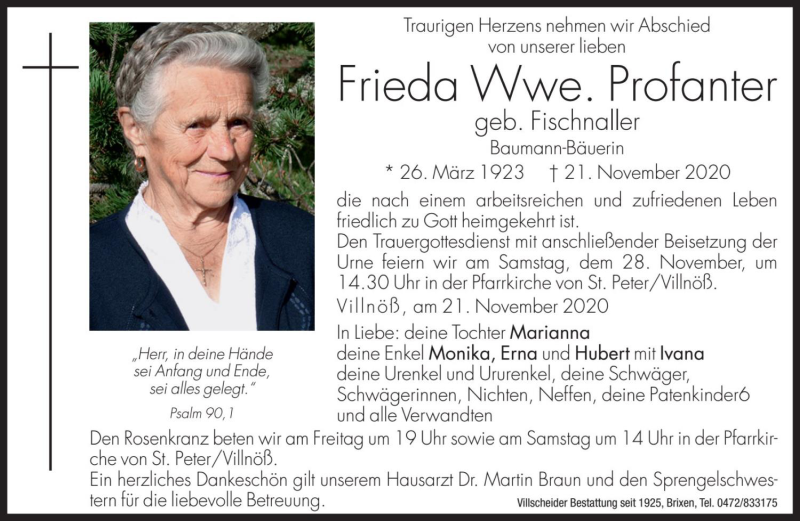  Traueranzeige für Frieda Profanter vom 27.11.2020 aus Dolomiten