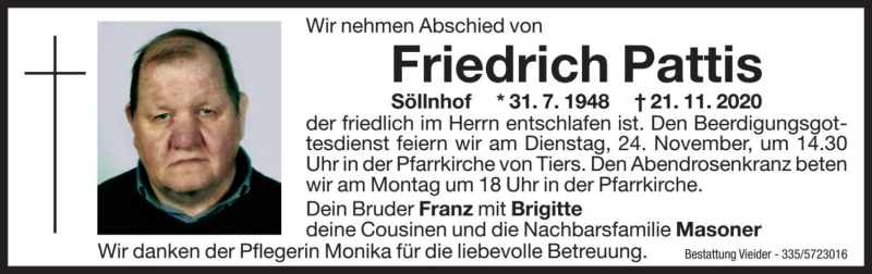  Traueranzeige für Friedrich Pattis vom 23.11.2020 aus Dolomiten