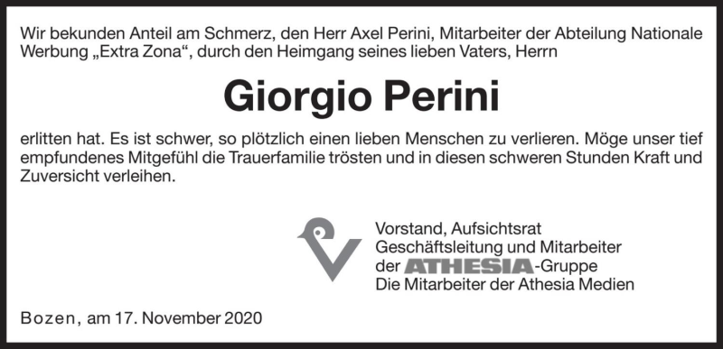  Traueranzeige für Giorgio Perini vom 19.11.2020 aus Dolomiten