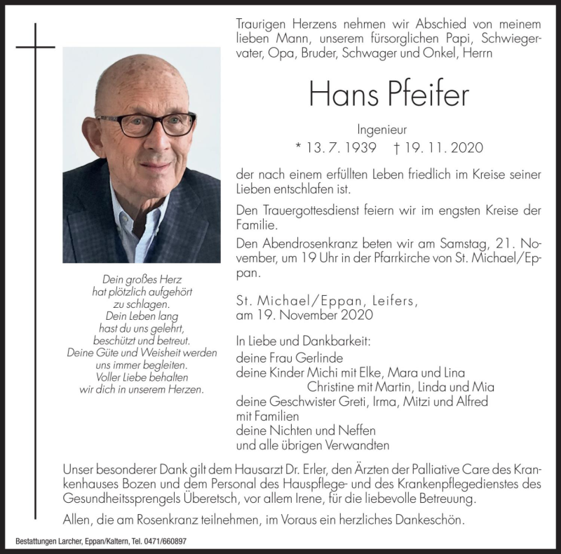  Traueranzeige für Hans Pfeifer vom 20.11.2020 aus Dolomiten