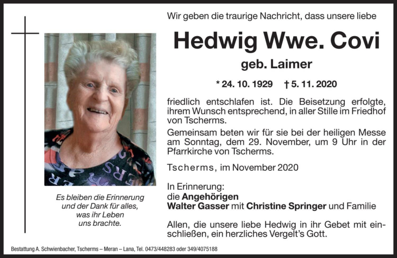  Traueranzeige für Hedwig Covi vom 20.11.2020 aus Dolomiten
