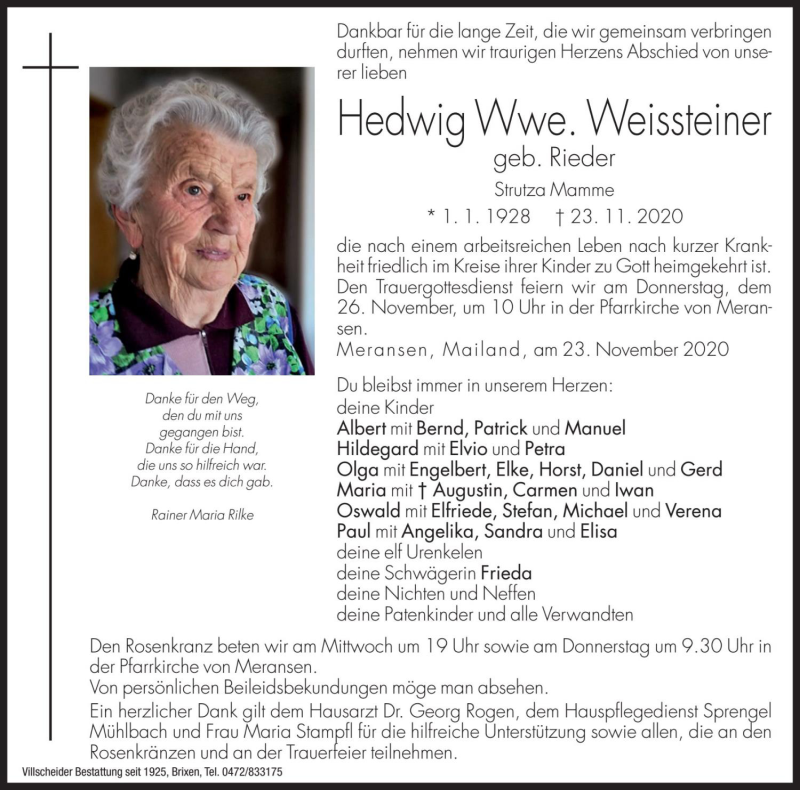  Traueranzeige für Hedwig Weissteiner vom 25.11.2020 aus Dolomiten