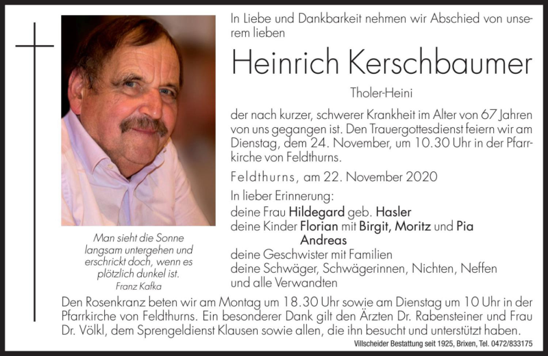  Traueranzeige für Heinrich Kerschbaumer vom 23.11.2020 aus Dolomiten
