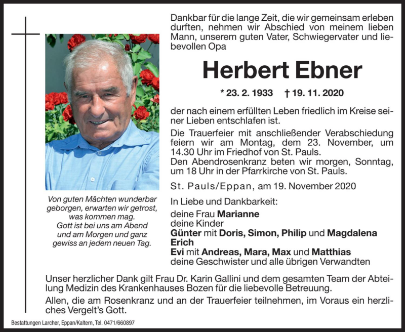  Traueranzeige für Herbert Ebner vom 21.11.2020 aus Dolomiten