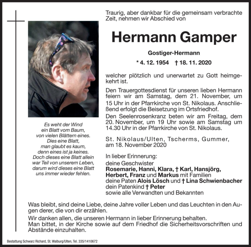  Traueranzeige für Hermann Gamper vom 20.11.2020 aus Dolomiten