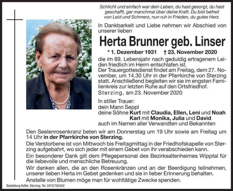  Traueranzeige für Herta Brunner vom 25.11.2020 aus Dolomiten