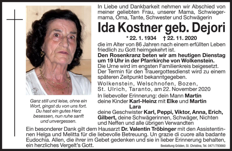  Traueranzeige für Ida Kostner vom 24.11.2020 aus Dolomiten