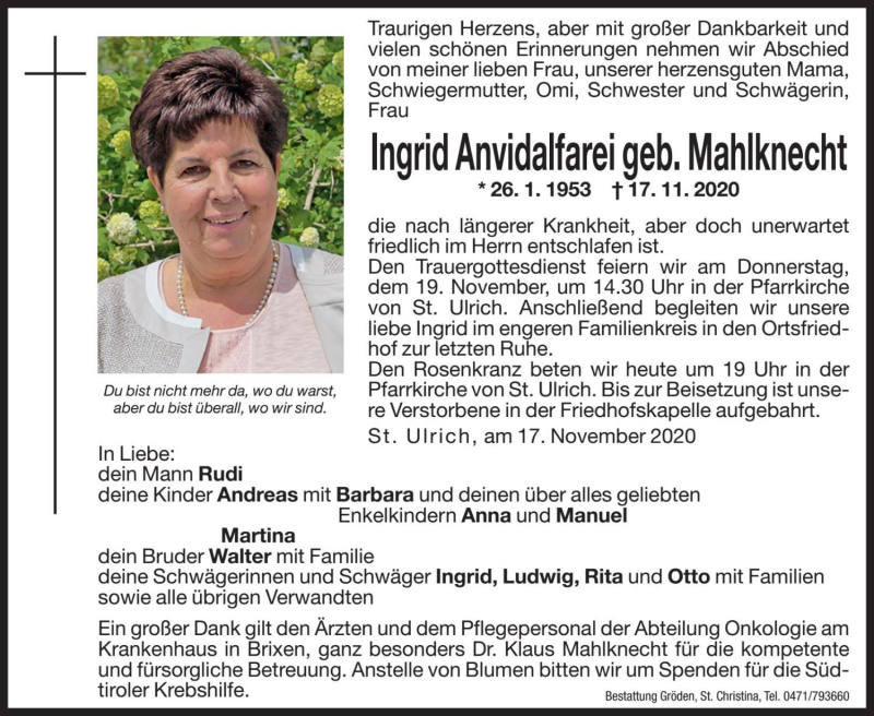  Traueranzeige für Ingrid Anvidalfarei vom 18.11.2020 aus Dolomiten