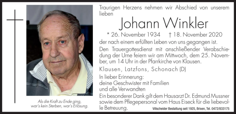  Traueranzeige für Johann Winkler vom 24.11.2020 aus Dolomiten