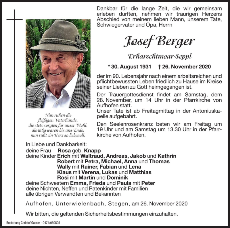  Traueranzeige für Josef Berger vom 27.11.2020 aus Dolomiten