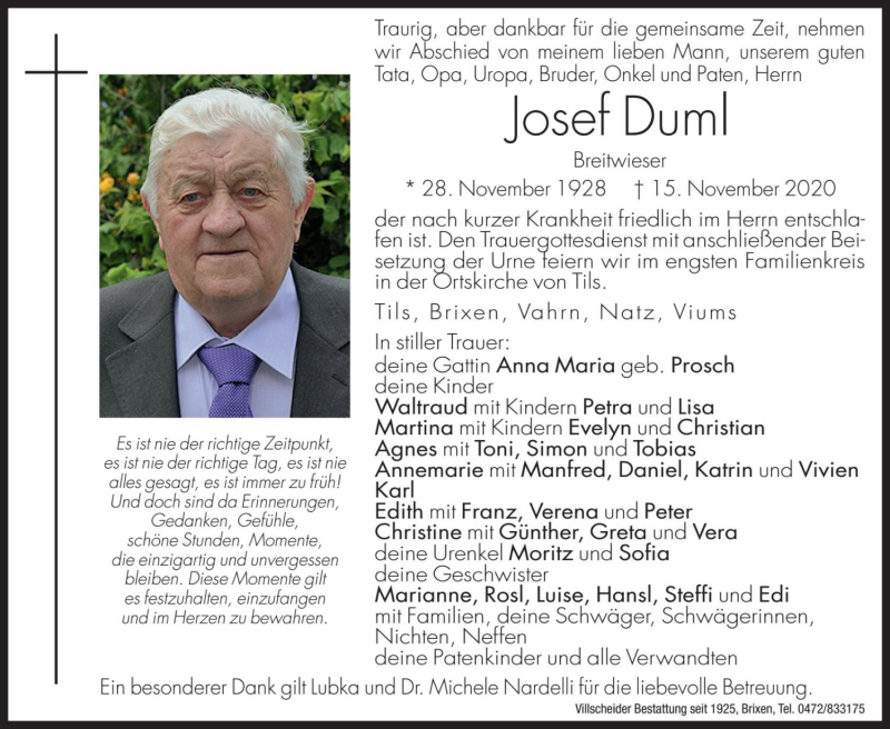  Traueranzeige für Josef Duml vom 20.11.2020 aus Dolomiten