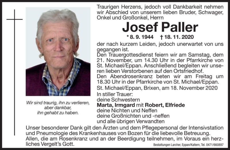  Traueranzeige für Josef Paller vom 19.11.2020 aus Dolomiten