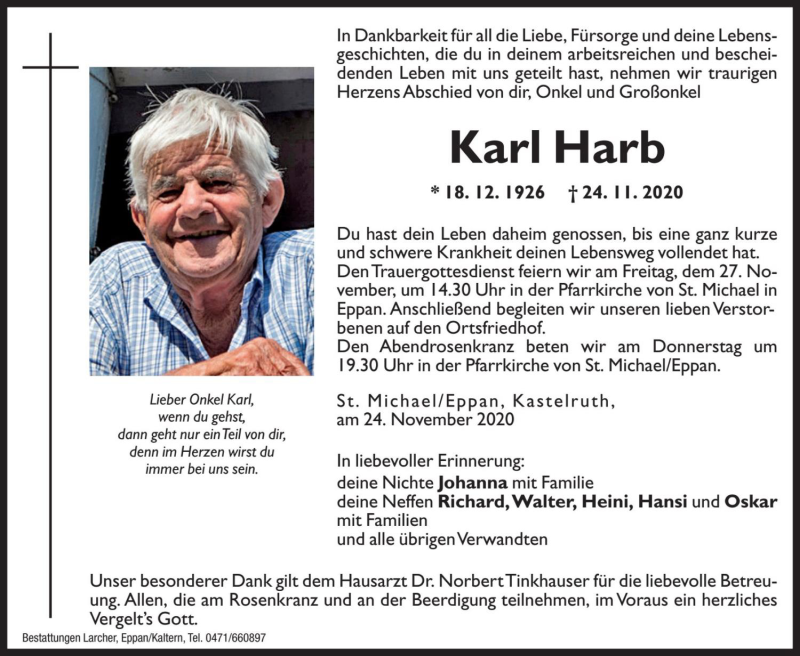 Traueranzeige für Karl Harb vom 25.11.2020 aus Dolomiten