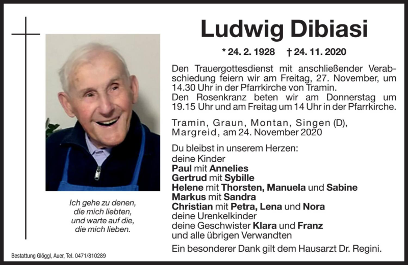  Traueranzeige für Ludwig Dibiasi vom 26.11.2020 aus Dolomiten