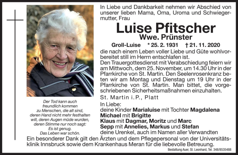  Traueranzeige für Luise Prünster vom 23.11.2020 aus Dolomiten